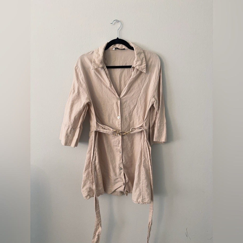 Zara Linen Tie Waist Dress in Beige